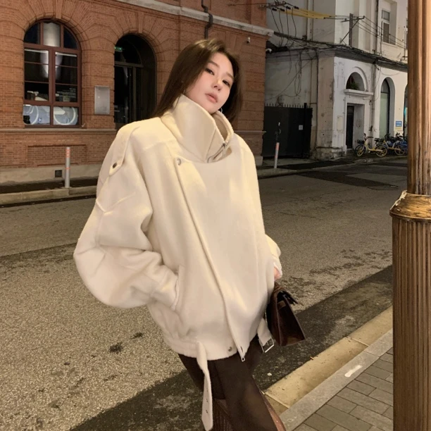 【首尔初雪】设计感宽松机车风保暖毛呢外套