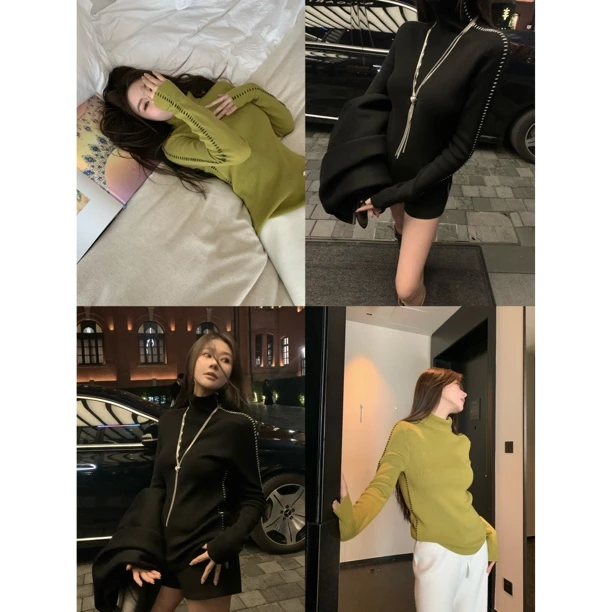 【封神打底王 冬日bi备！】2色！撞色高领套头修身显瘦内搭针织衫