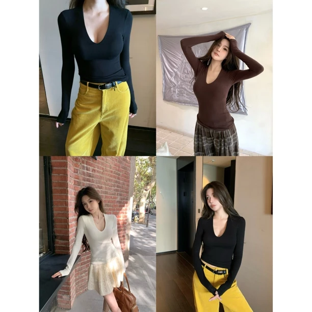 【裸感打底】3色！自带胸垫！V领基础修身显瘦秋冬打底衫