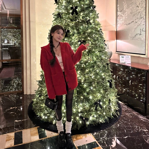 【Lucky Red】圣诞节日氛围慵懒连帽宽松软糯针织开衫