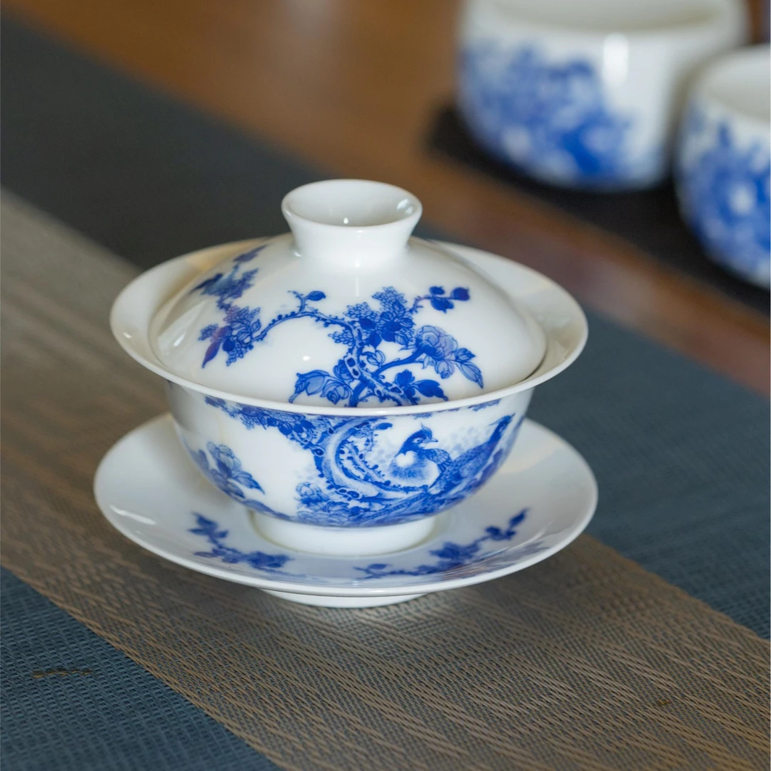 九段烧 九段妙手 青花花鸟纹三才盖碗