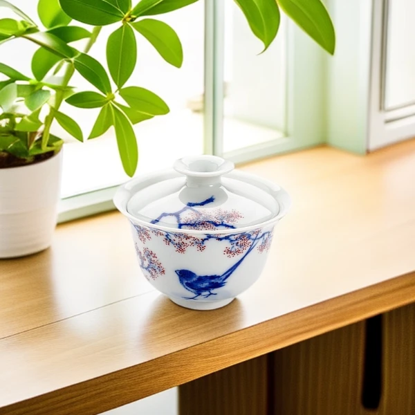 景德镇续真青花花鸟点红二才盖碗茶盖碗白瓷茶具