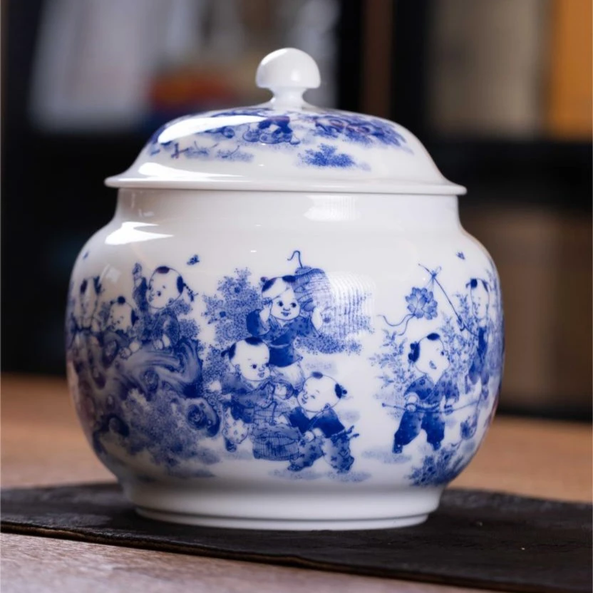 九段烧-九段妙手-青花12童子茶叶罐