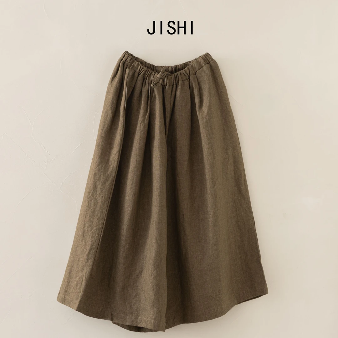 既是/JISHI秋冬高腰裤子【亚麻双层系带法棍松紧腰阔腿裤】复古文艺