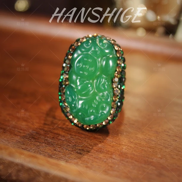 【H801】玉髓复古绿色貔貅戒指