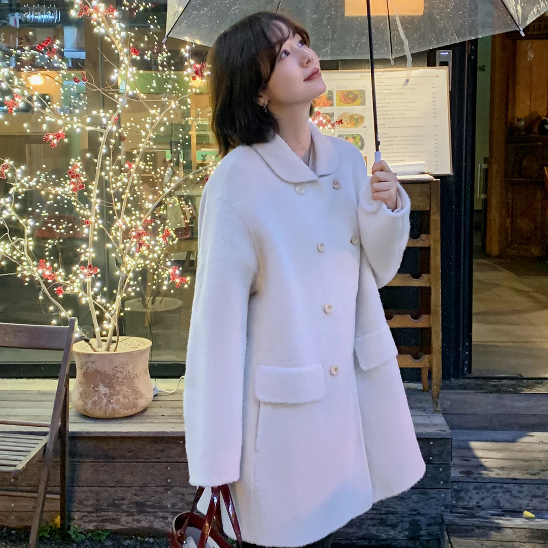 法儿家韩国限定【纯白茉莉】FS412W030小翻领双排扣大衣