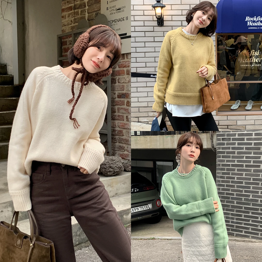 法儿家韩国限定【温室花园】【新品】FS411S025三色圆领插肩袖毛衣