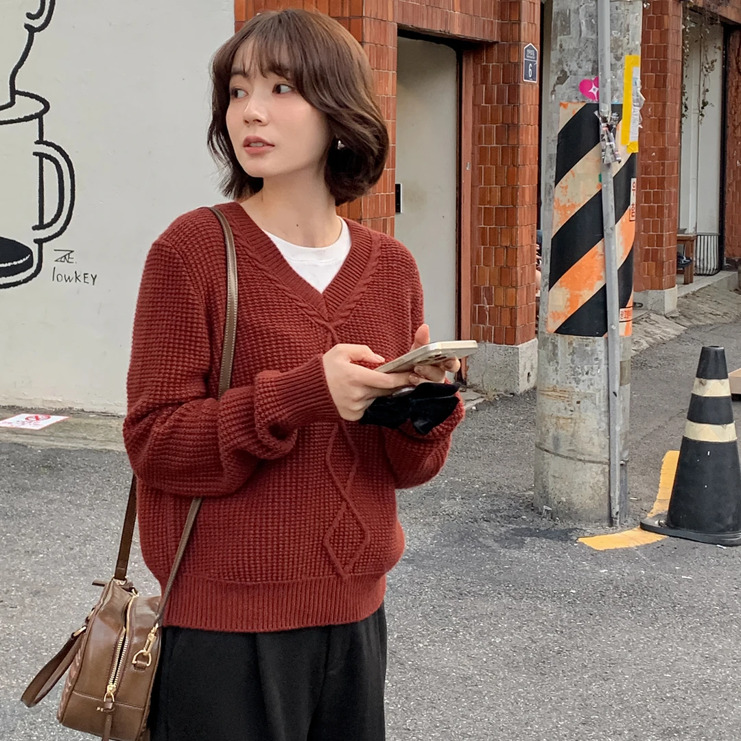 法儿家韩国限定【新品】【红茶拿铁】FS410S022 V领菱格毛衣