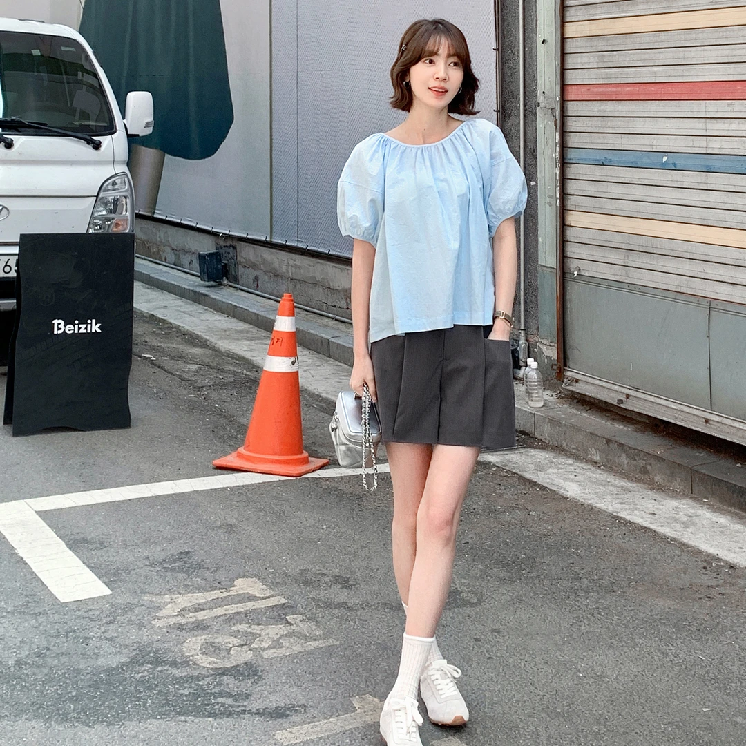 法儿家韩国限定【奶油芍药】后背绑带泡泡袖小衫FS404S055