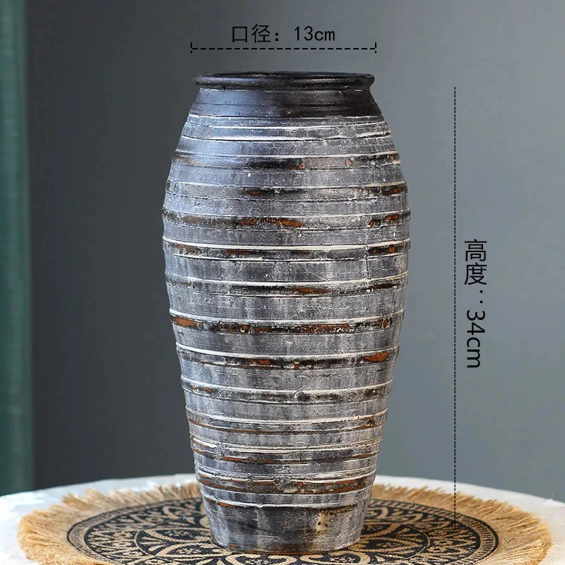 【圆满】复古纹路陶土瓶水培植物做旧中式客厅玄关摆件复古手工