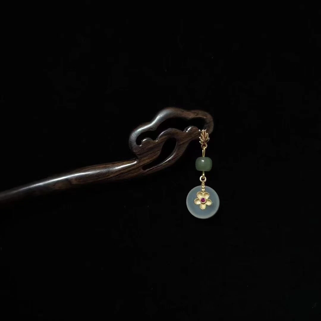 手工檀木发簪平安顺遂祥云黑檀木发簪吊坠民族风头饰古风非遗配饰