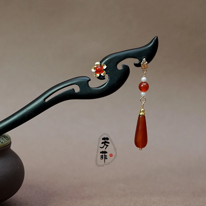 发簪古风流苏黑檀木汉服头饰手工旗袍盘发日常国风簪发