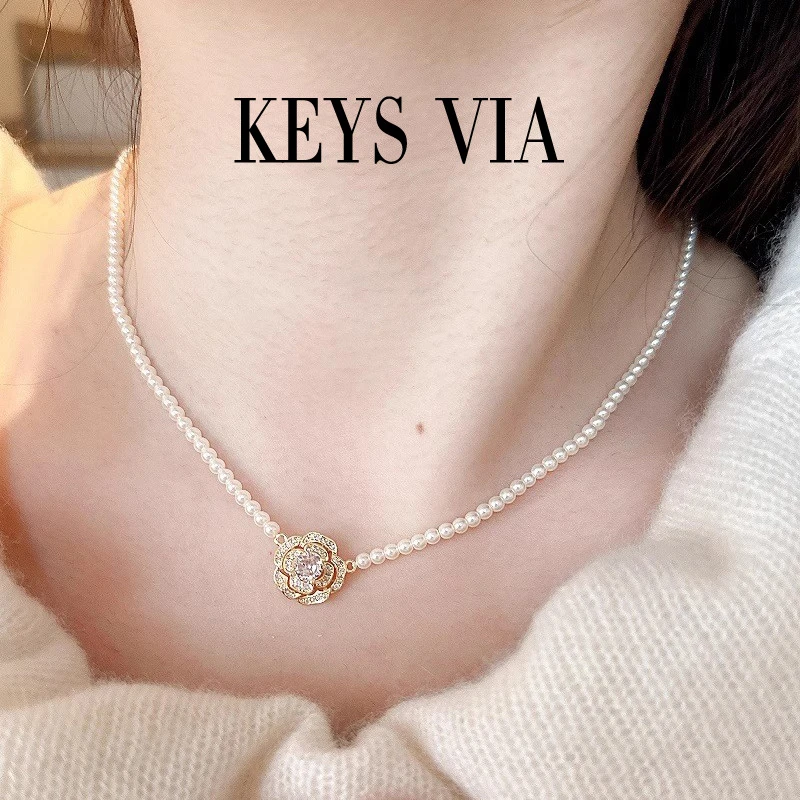 KEYS VIA 铜合金合成锆石吊坠 玫瑰的故事珍珠轻奢颈链锁骨链项链