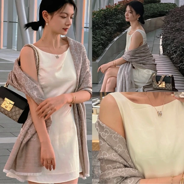 古驰/Gucci 双G羊绒真丝印花流苏双面 灰色