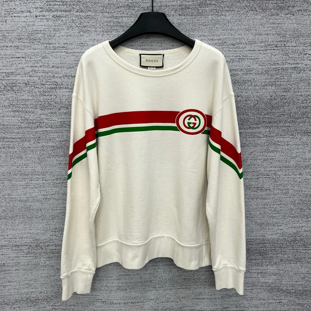 GUCCI古驰 条纹印花套头长袖卫衣 男女同款白色/尺码：S/95新