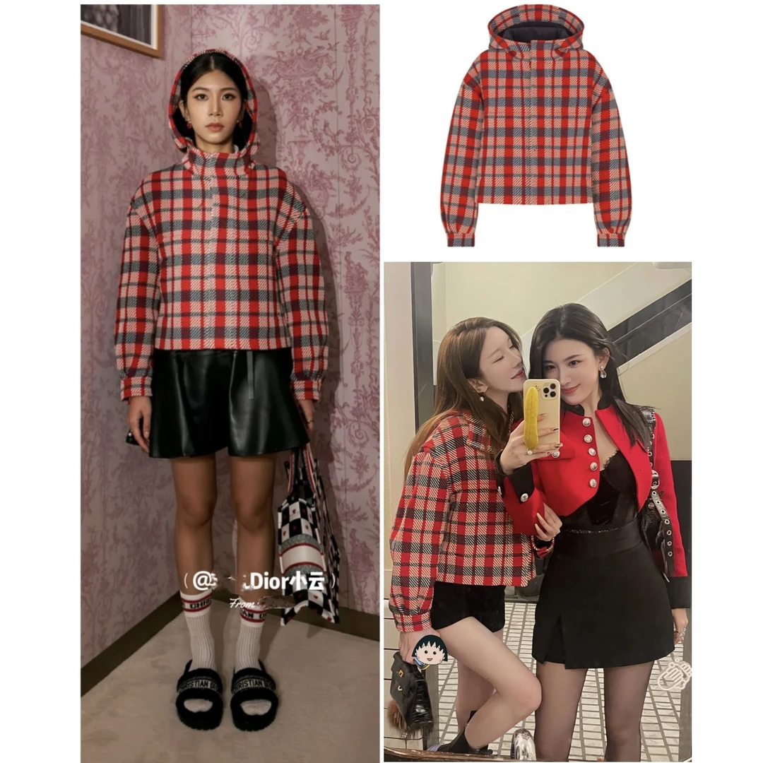 99新 DIOR/迪奥 红黑格纹短款连帽外套/尺码34/99新/WX108610