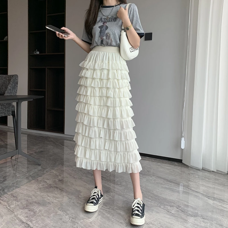 雪纺蛋糕裙韩版时尚百搭高腰中长款甜美气质跳舞长裙学院风仙女裙