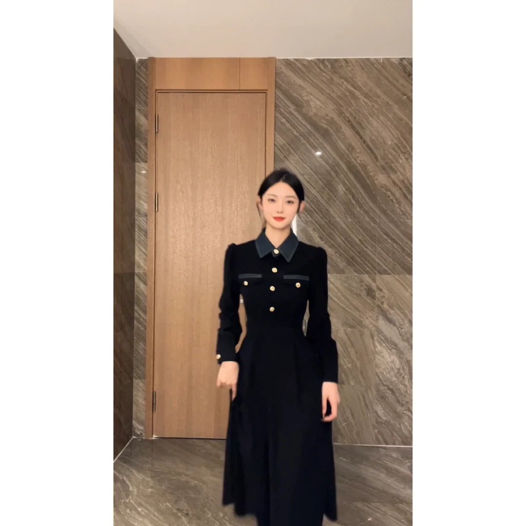 【花城秘境】时尚黑色气质显瘦法式高级感连衣裙A0131