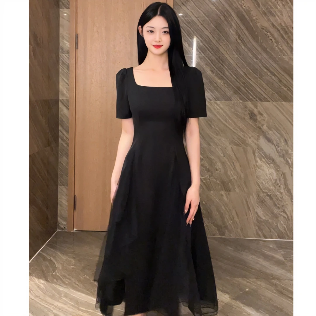 【页里纱】复古法式方领设计感网纱拼接小黑裙氛围感连衣裙A0059