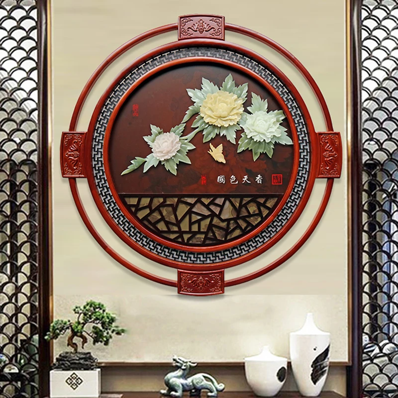 玄关玉雕画走廊过道装饰画沙发背景墙挂画新中式卧室餐厅实木挂画