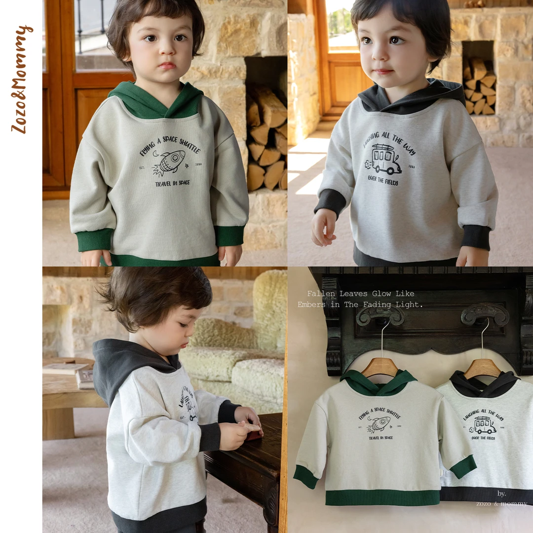 【福利款】【绿野追风】早秋儿童宝宝休闲宽松撞色连帽印花卫衣