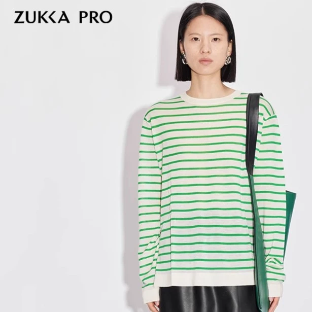 ZUKKA PRO卓卡秋冬新款女士宽松休闲百搭条纹T恤针织衫长袖圆领