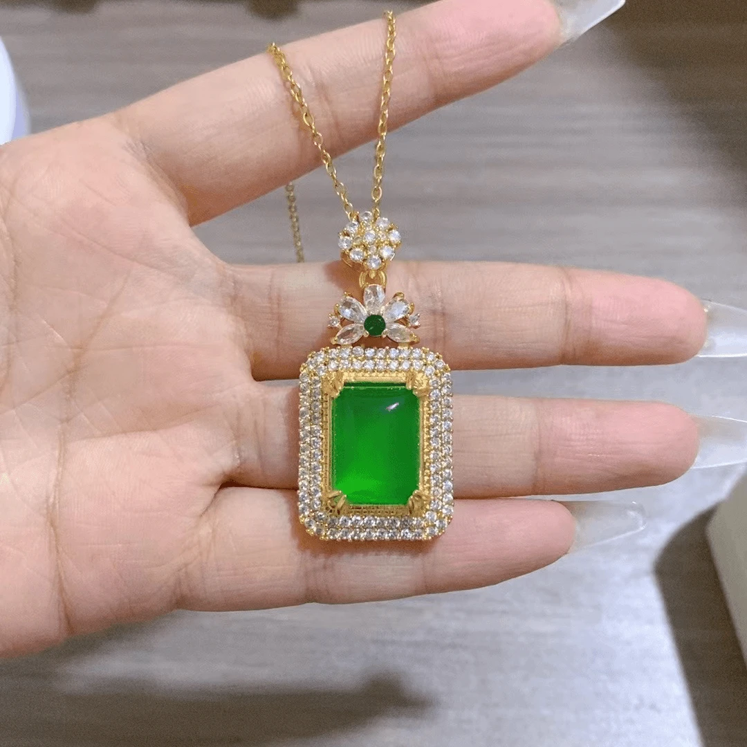 绿色方块镶嵌时尚轻奢吊坠项链民族风