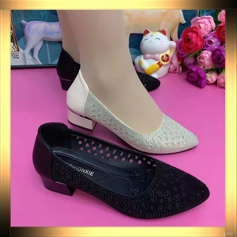 镂空网纱软底工作鞋新款单鞋包头24水钻女凉鞋凉粗跟夏网鞋20中年