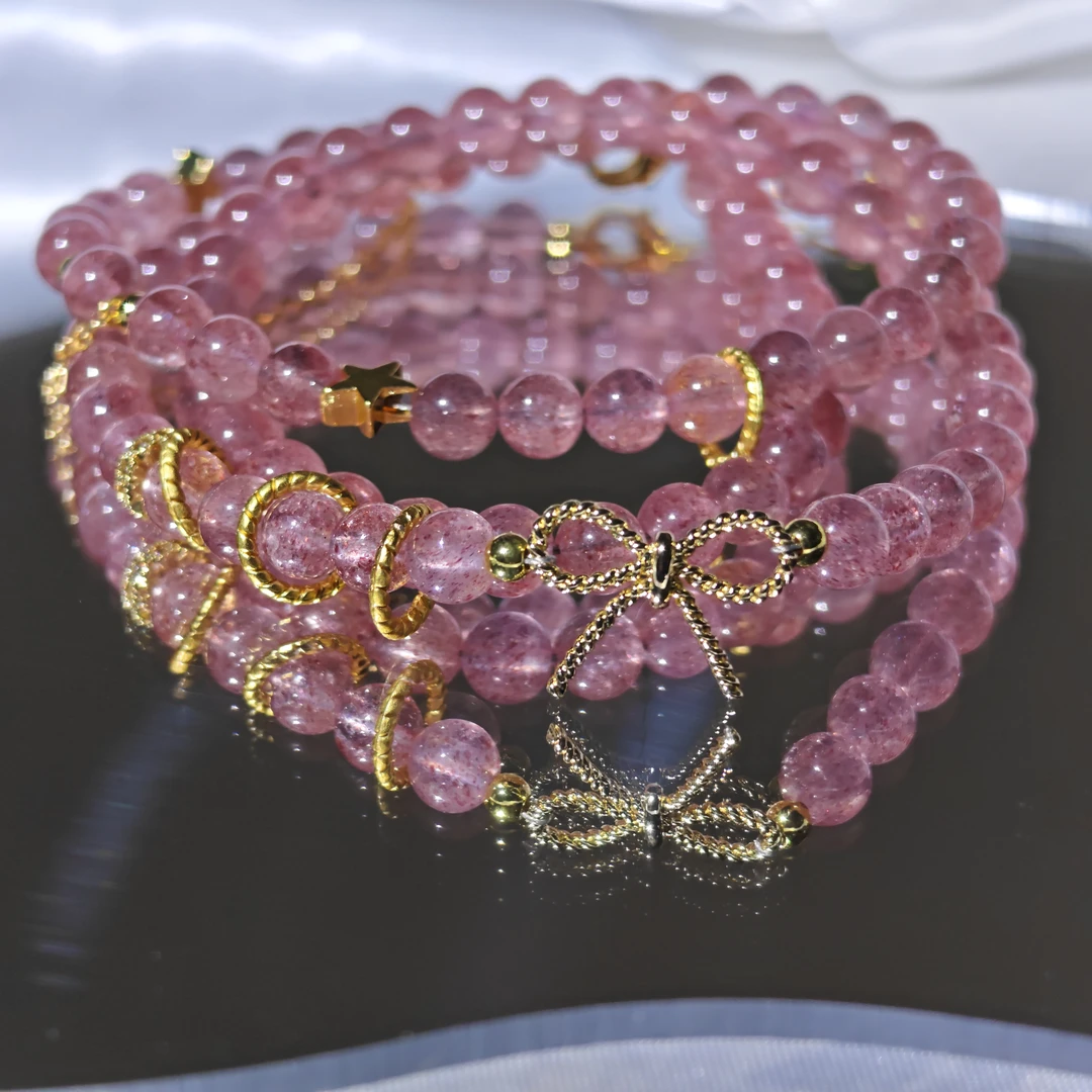 《在逃公主》天然草莓晶多圈桃花朵朵超仙手链P03