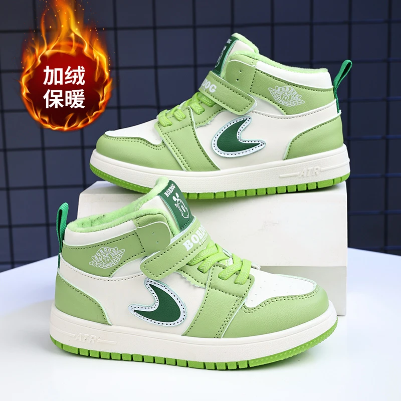 巴布豆女童鞋子冬季皮面高帮加绒二棉鞋小女孩时尚板鞋儿童休闲鞋