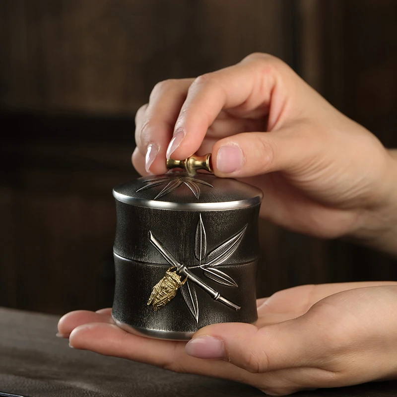 爱赏手工便携迷你茶叶罐中式茶道密封茶罐99纯锡创意储茶罐茶仓