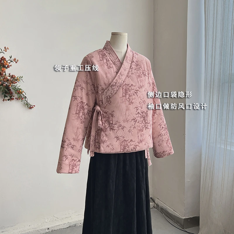 4175《竹声纾遇竺》原创秋文艺竹林印花外套重工压线V领绑带棉服