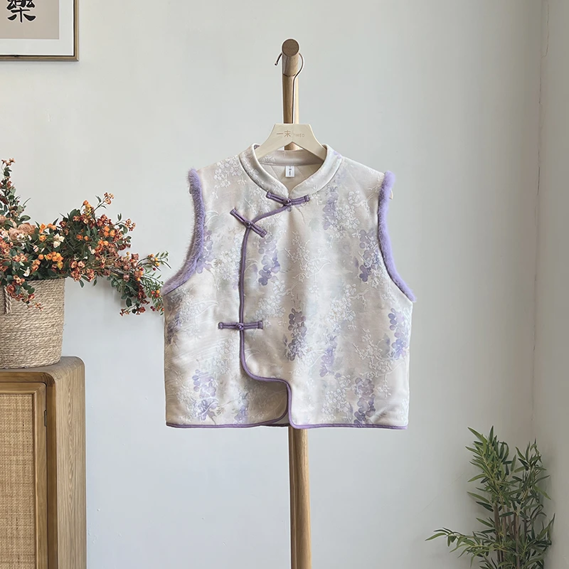 4058《白露未晞》中国风原创秋冬立领印花无袖马甲气质加厚马夹