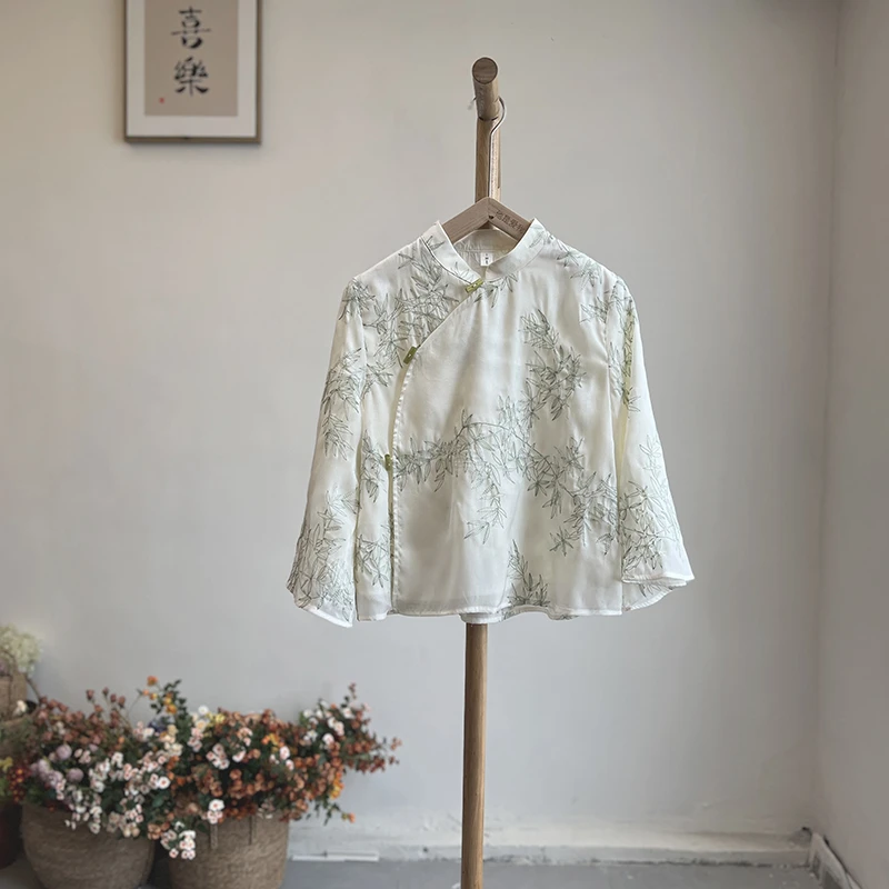 3400《竹影清风》原创复古新中式茶艺竹叶绣花立领斜襟文艺上衣