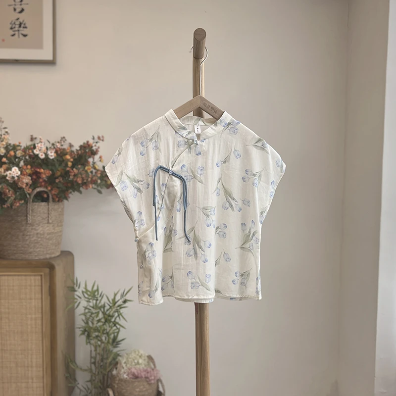 3595《兰因璧月》原创国风印花衬衫高端气质清新立领上衣