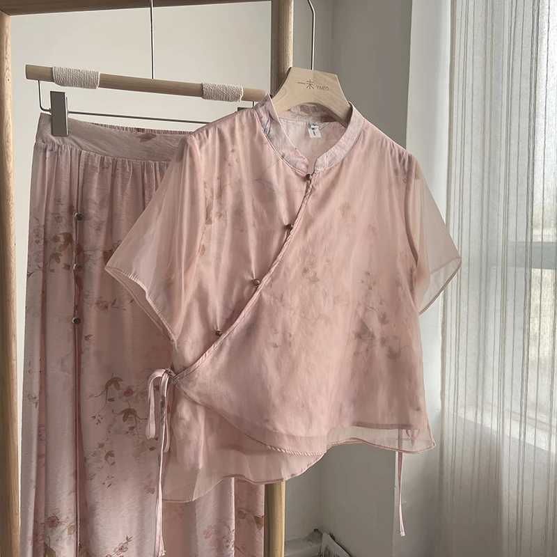 3378套装《绮棠》夏季原创文艺新中式改良版斜襟立领少女粉套装裙