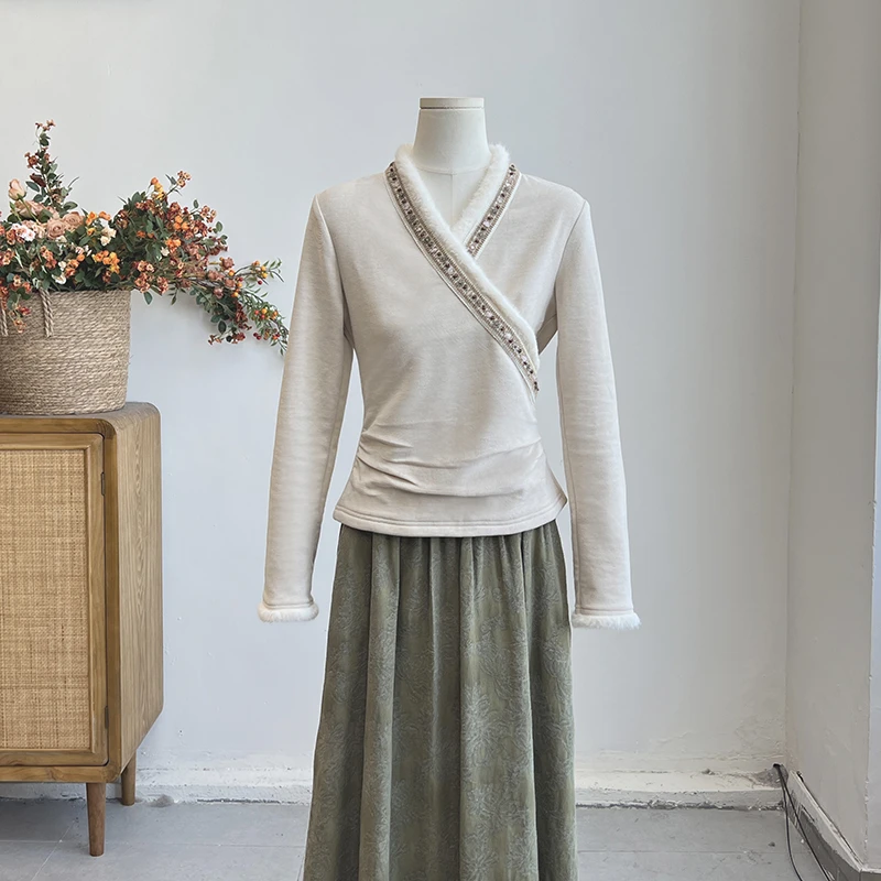 4156《時沫》原创冬季气质毛领加绒衬衫精致显瘦内搭上衣