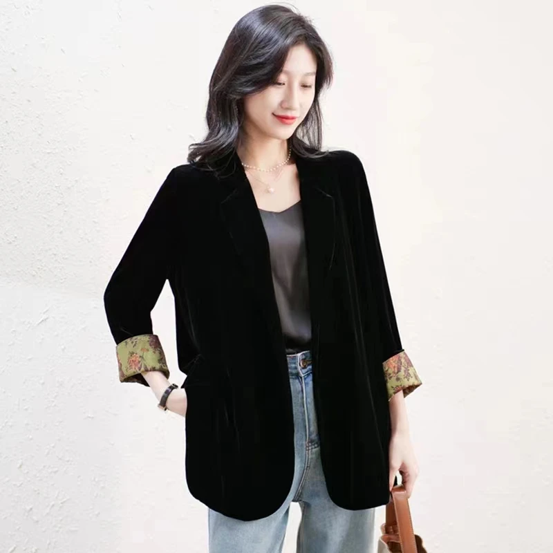 新款复古撞色休闲宽松黑色西服开衫气质显瘦