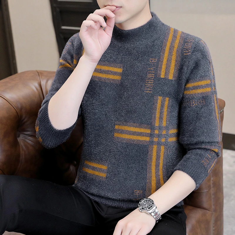 2024秋冬季男士潮流时尚百搭套头水貂绒针织衫保暖帅气毛衣