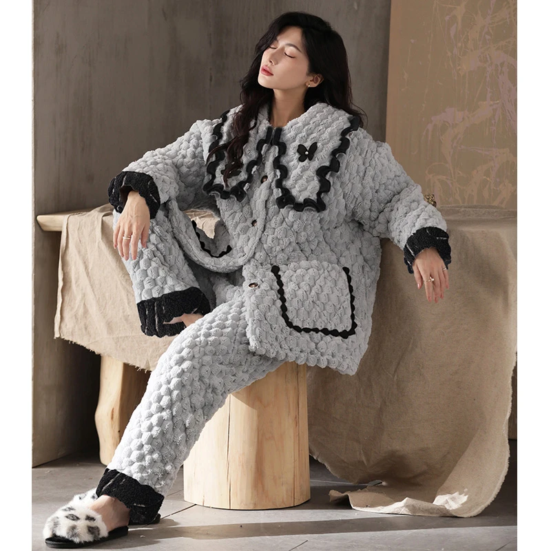 纯禧【璀璨-夹棉】原创三层夹棉蕾丝蝴蝶女款睡衣家居服套装加绒