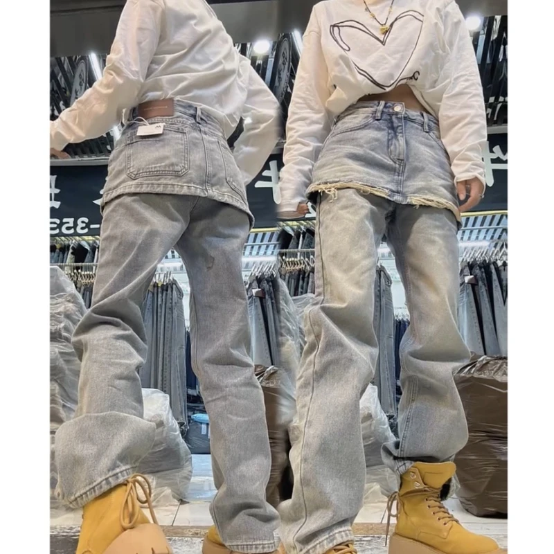屁帘拼接牛仔裤裙女2024秋冬新款浅蓝色水洗宽松直筒裤加厚长裤