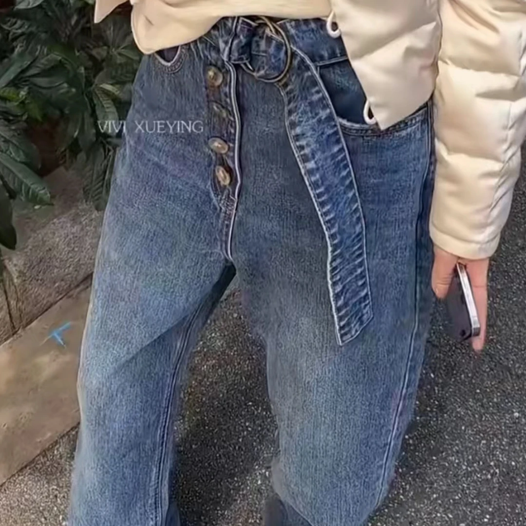 高腰阔腿裤牛仔裤2024秋冬季新款腰带设计单排扣复古直筒长裤女