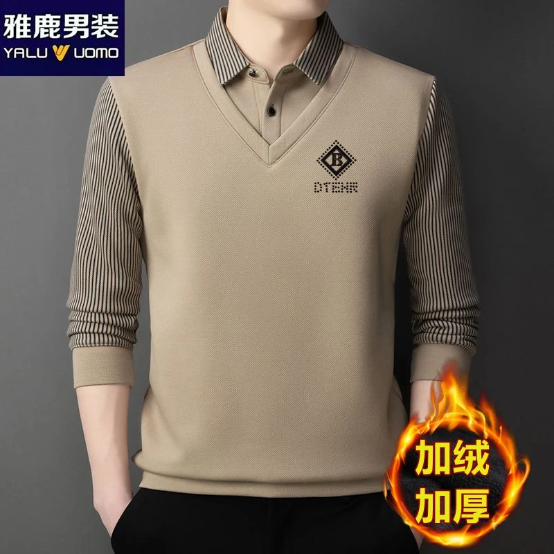 雅鹿男装冬季加厚假两件长袖T恤男上衣翻领中年一体绒保暖打底衫