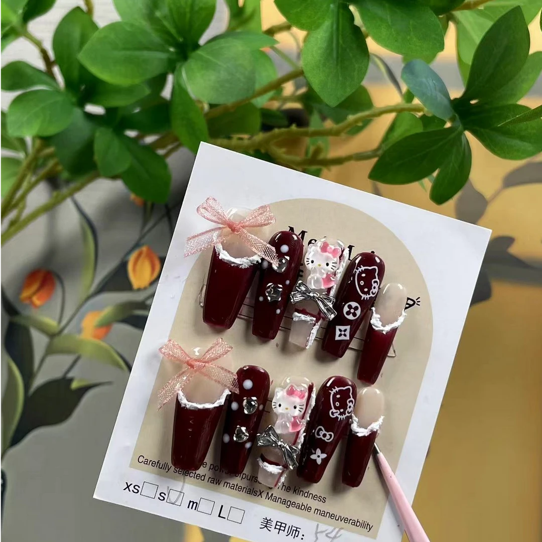 72【酒红Kitty】纯手工穿戴甲长梯美甲