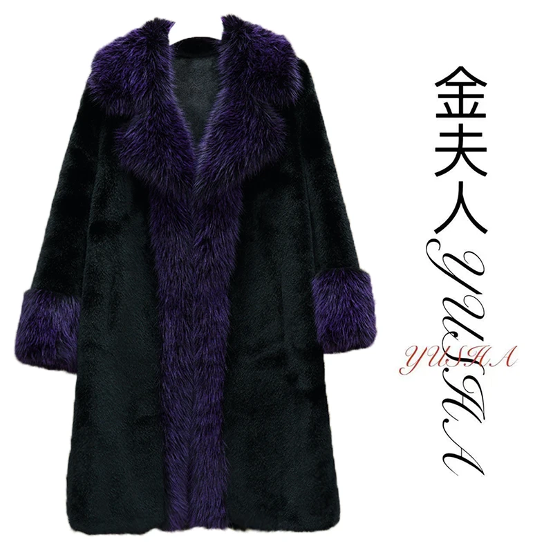 金家夫人YUSHA  秋冬新款高档黑色拼紫色毛领中长款外套  JFR2598