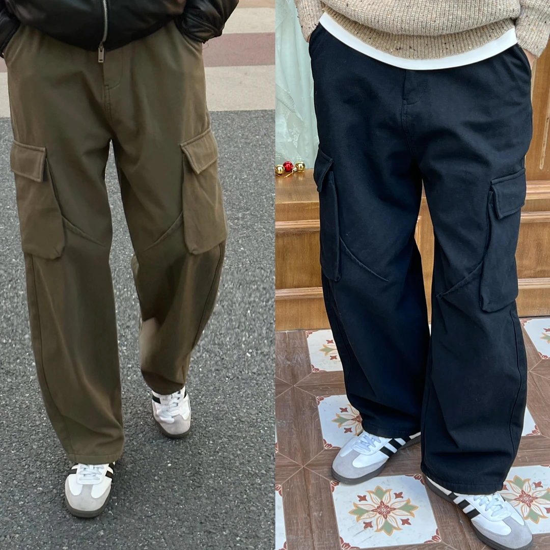 韩版街头阔腿秋冬工装裤贴袋宽松直筒休闲裤百搭加厚纯色高腰长裤