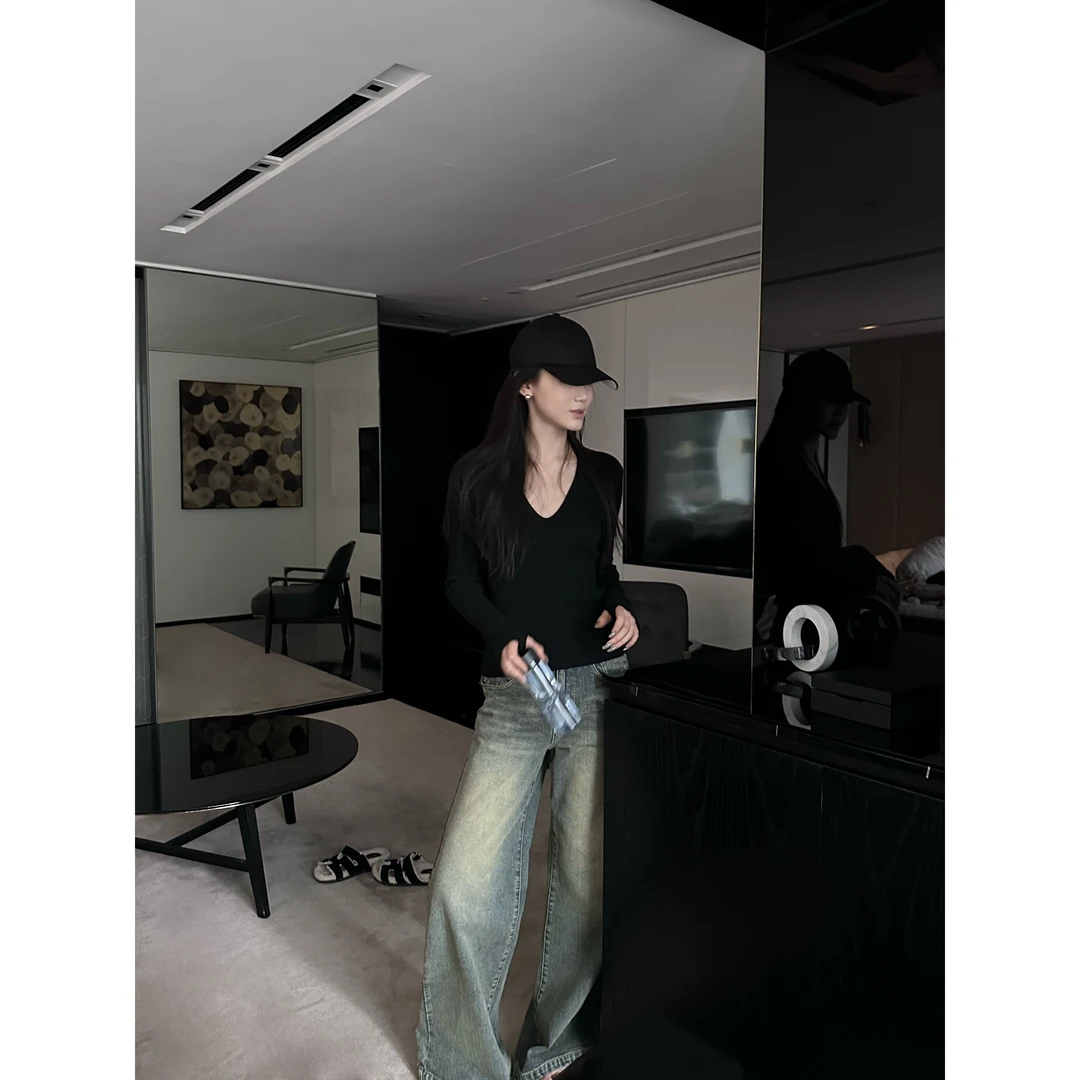 5werkwen 废土风荒野感复古水洗旧色直筒休闲拖地牛仔裤