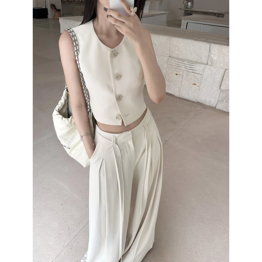 5werkwen奶杏西装马甲套装 老钱风无袖显瘦慵懒拖地西装裤