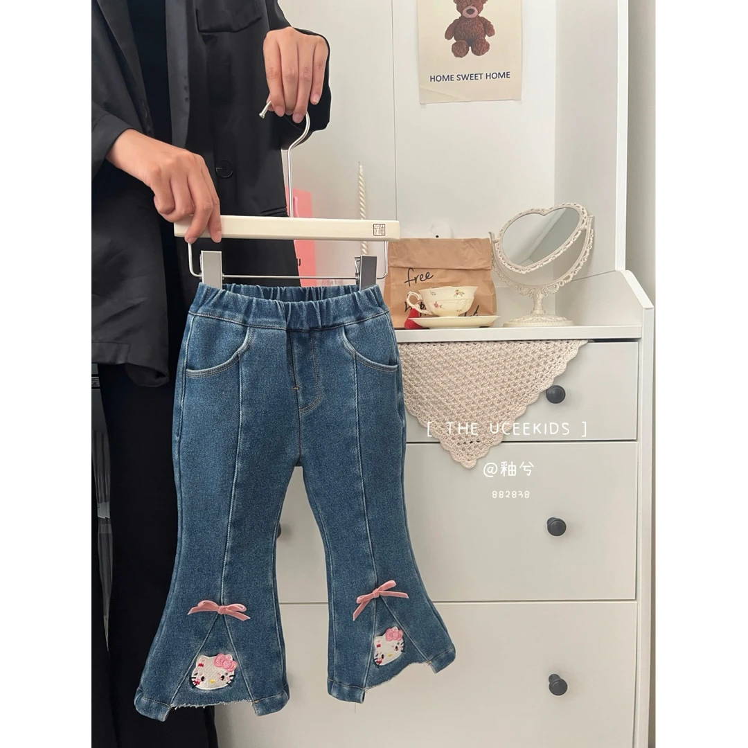 YX加厚加绒KT猫微喇叭裤牛仔裤