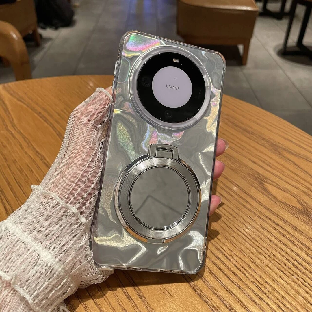 回视适用华为mate60pro+少女羽纱支架手机壳ins带补妆镜全包壳